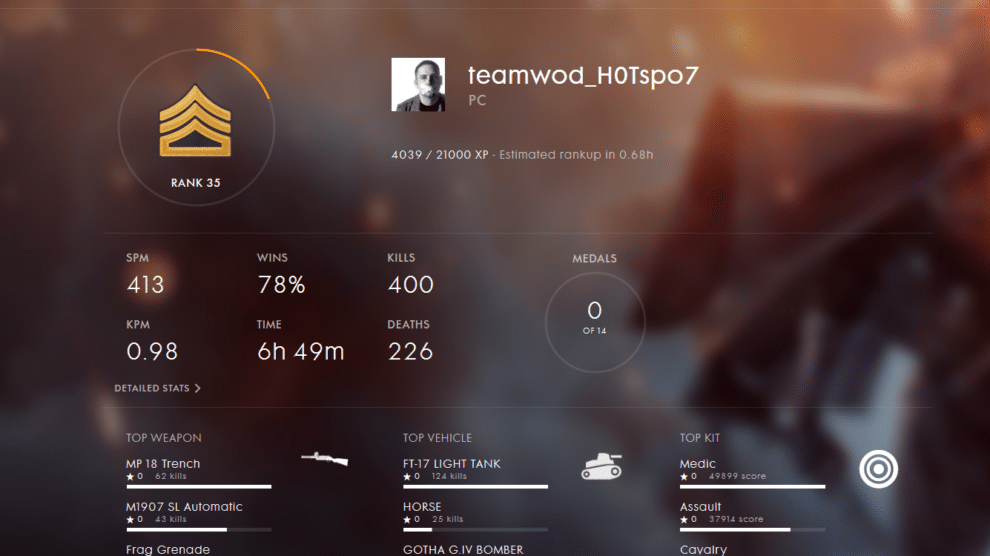 Battlefield 1 Beta Spielerprofil samt Stats, Auszeichnungen und Ausrüstung im Web anpassen 2 Battlefield 1 Player statistics