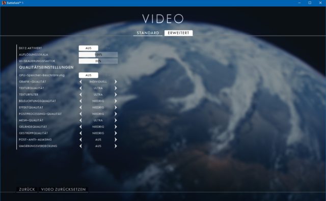Battlefield 1 Video Einstellungen (Erweitert)