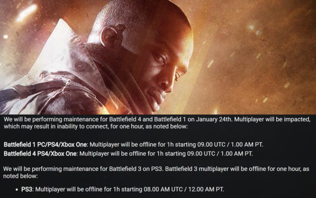 Heute: Battlefield 1, Battlefield 4 und Battlefield 3 Wartungsarbeiten 2 DICE hat kurzfristig umfangreiche Wartungsarbeiten an verschiedenen Battlefield Titeln angekündigt.