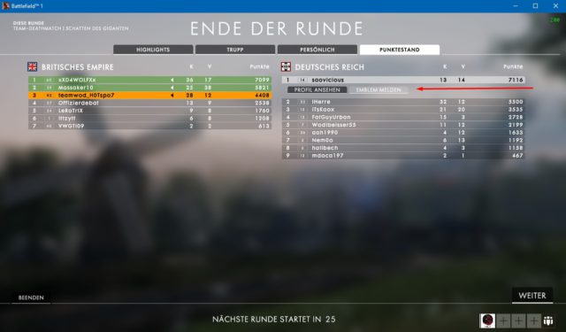 Spieler -/ Emblem melden in Battlefield 1
