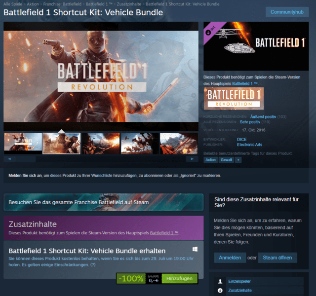 Battlefield 1 Shortcut Kit: Vehicle Bundle gratis auf Steam 2 Battlefield 1 Shortcut Kit Vehicle Bundle 1