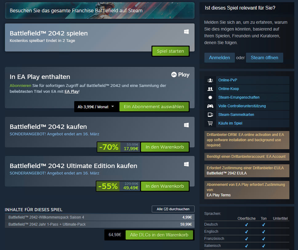 Battlefield 2042: Kostenlose Spielzeit für PC Spieler über Steam vom 13. bis 16. März und große Rabatt-Aktion 2 Battlefield 2042 Steam Free Access 2